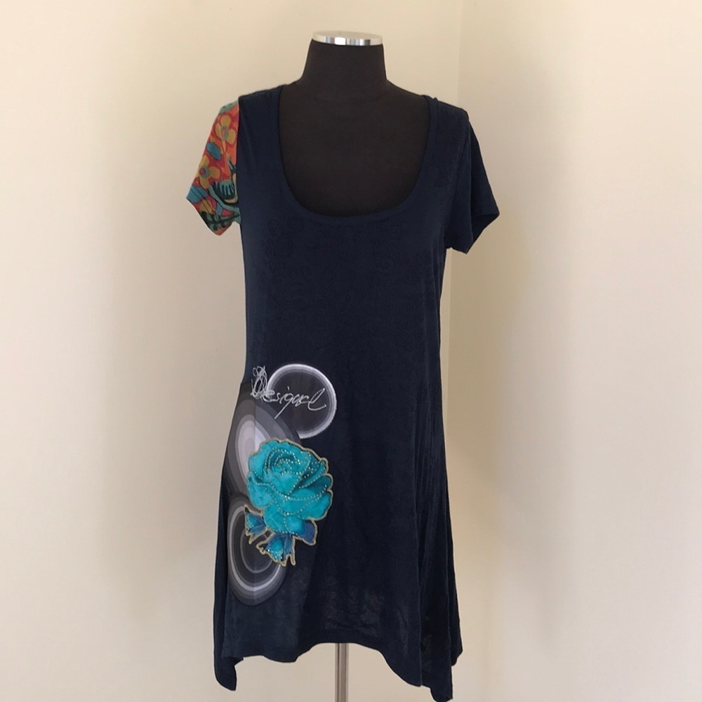 NWT! DESIGUAL Navy Size L Printed High Low Dress
